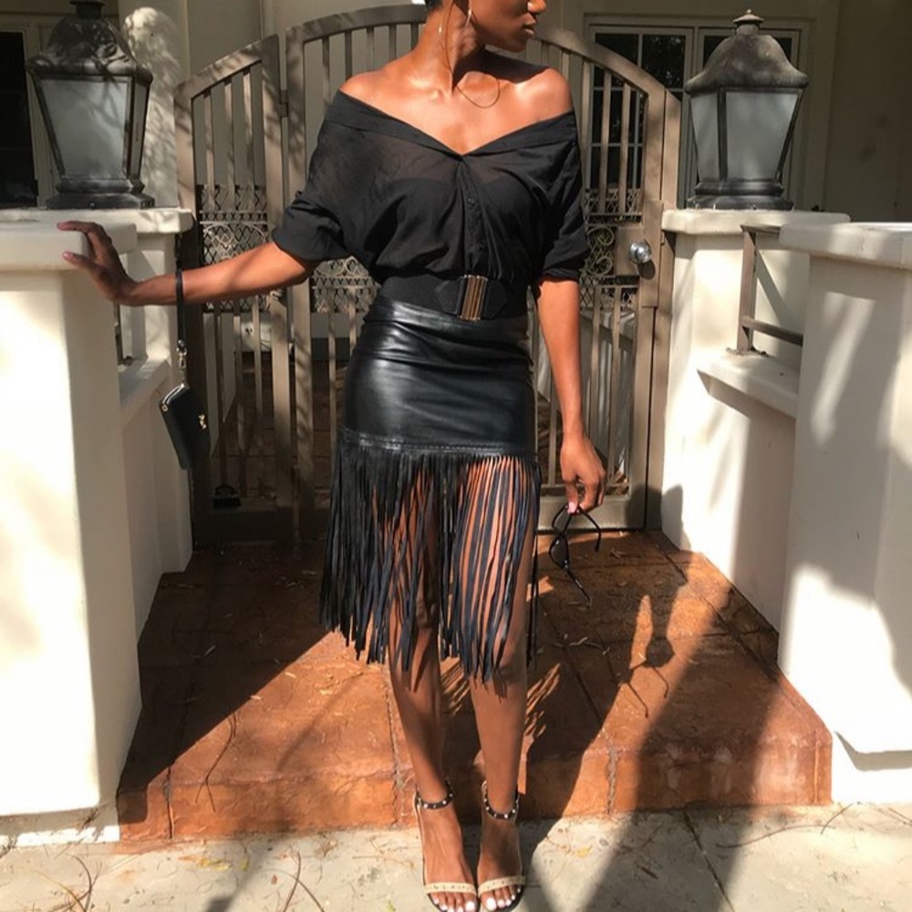 Faux leather fringe skirt